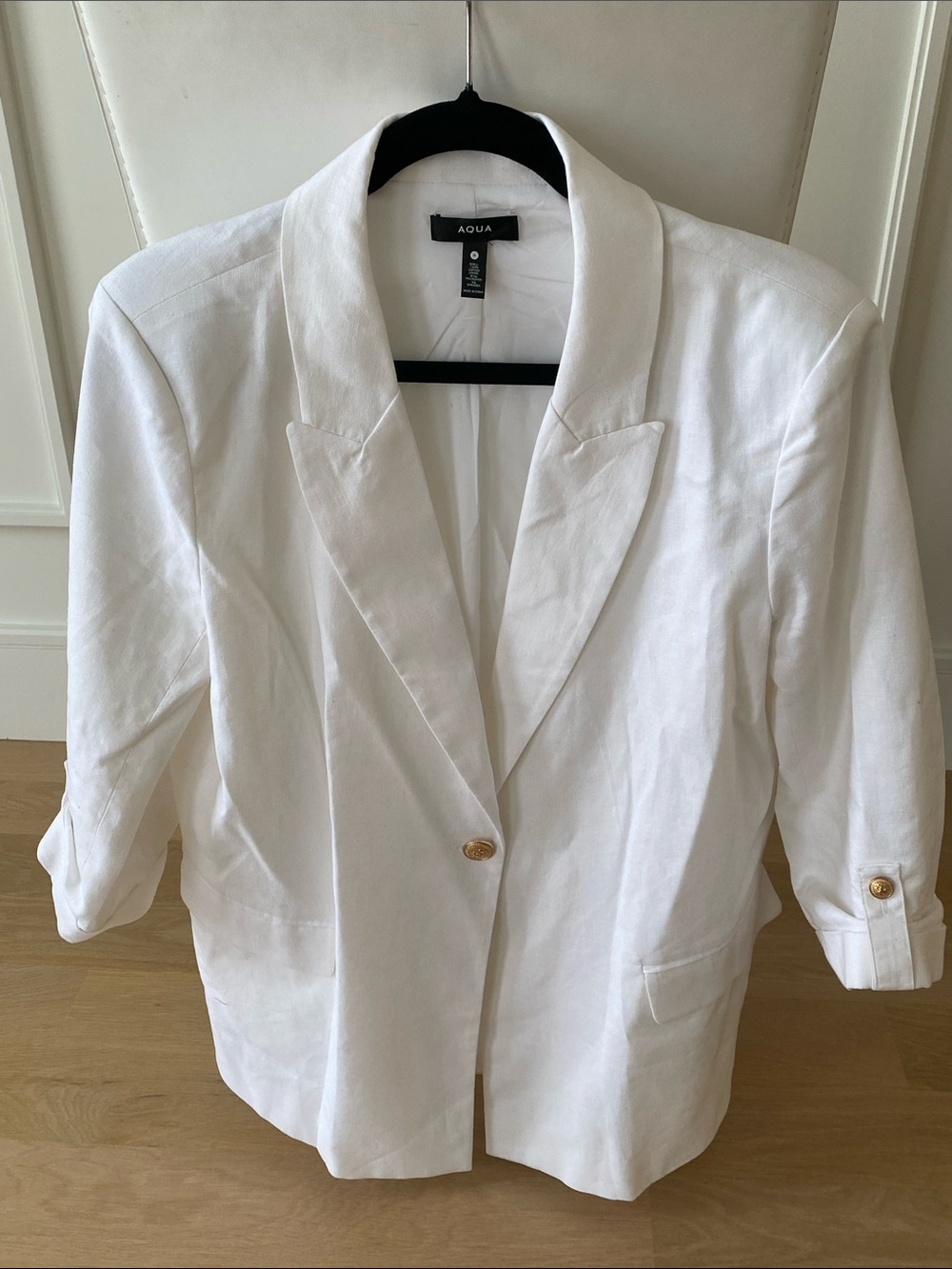 Aqua White Linen-Blend Single-Button Blazer